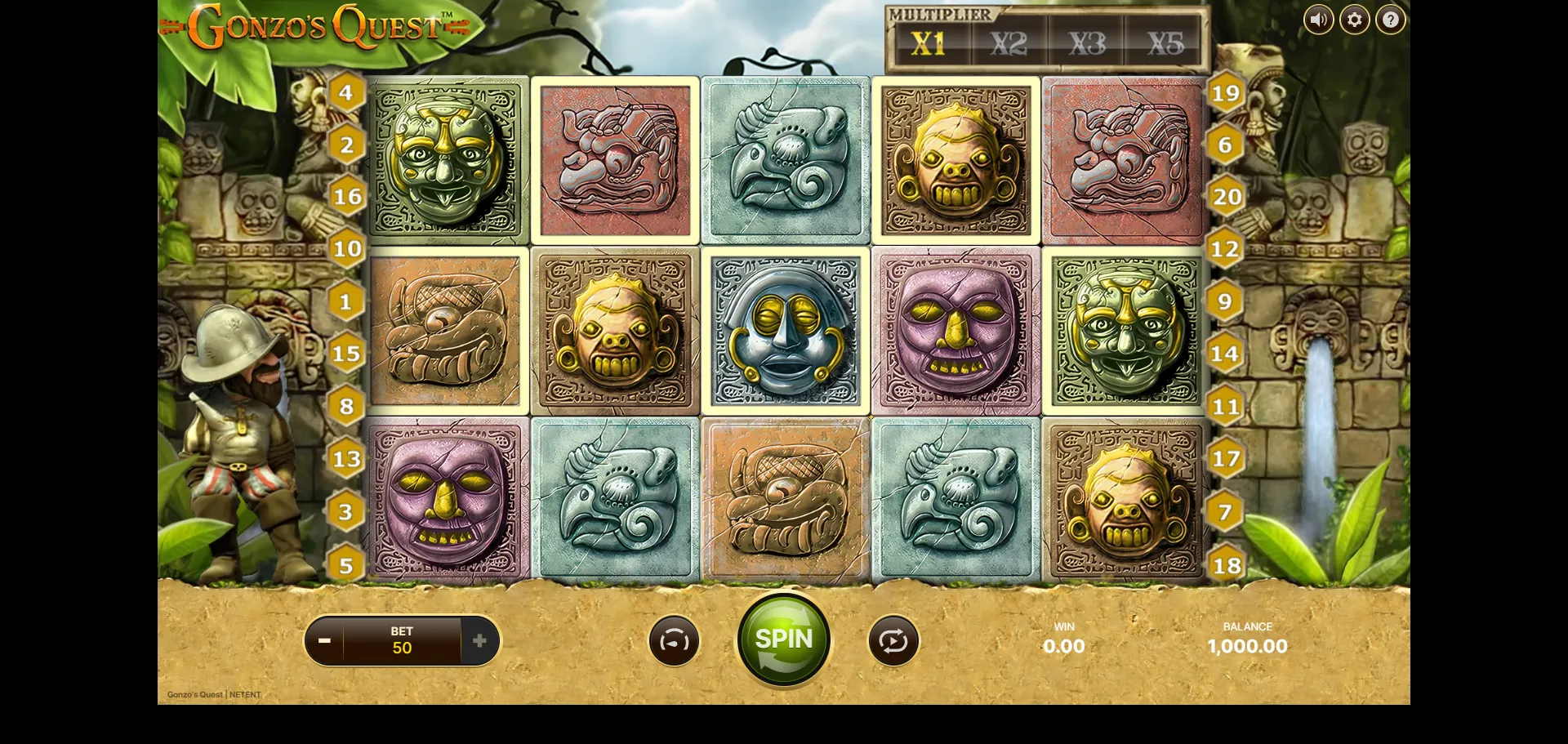 Gonzo's Quest main game screen - the 5x3 Aztec reels