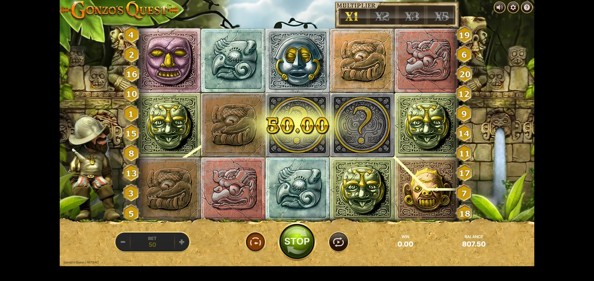 Gonzo's Quest reels mid-Avalanche with a multi-line win and the base-game multiplier panel above the reels