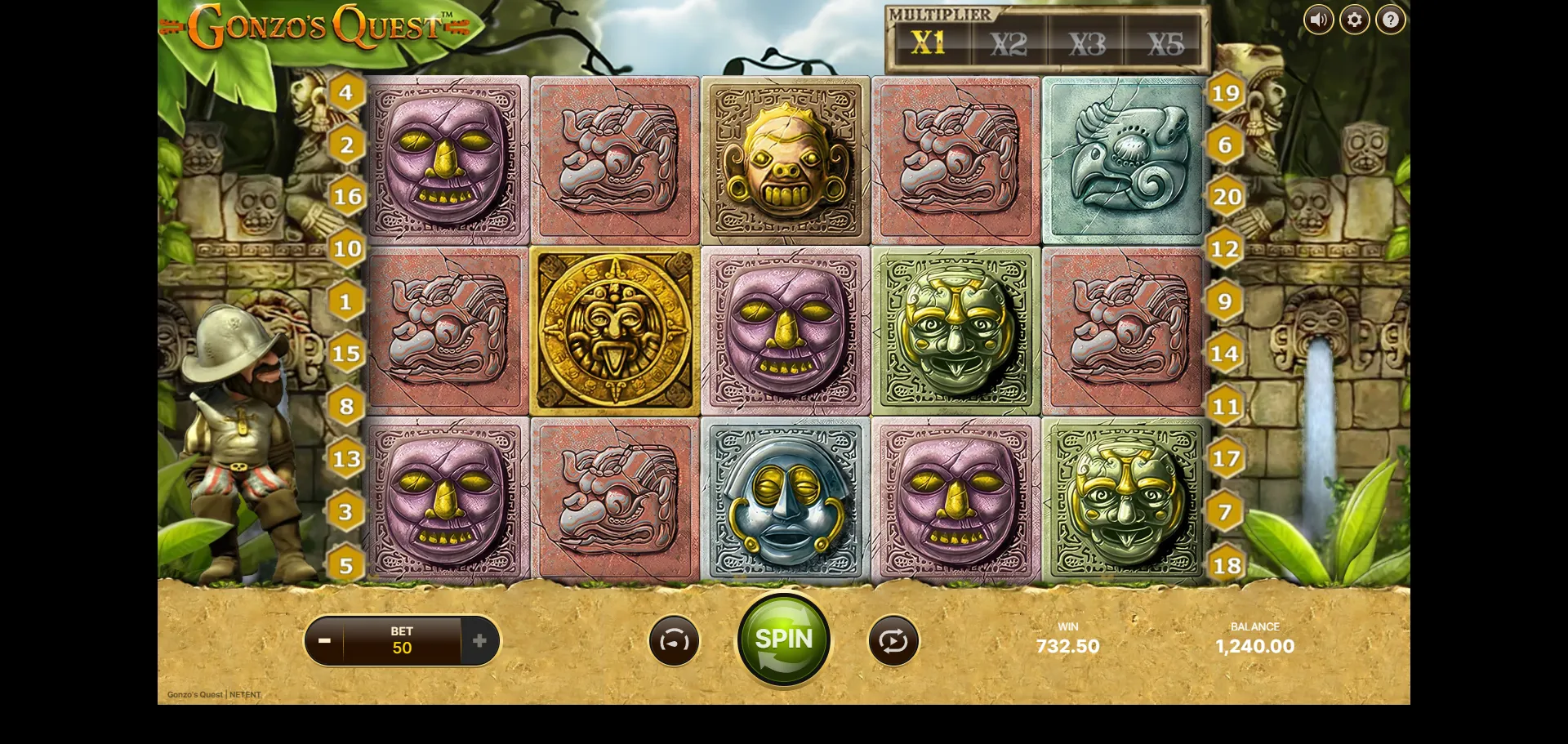 Gonzo's Quest big win screen showing $732.50 payout during Avalanche chain
