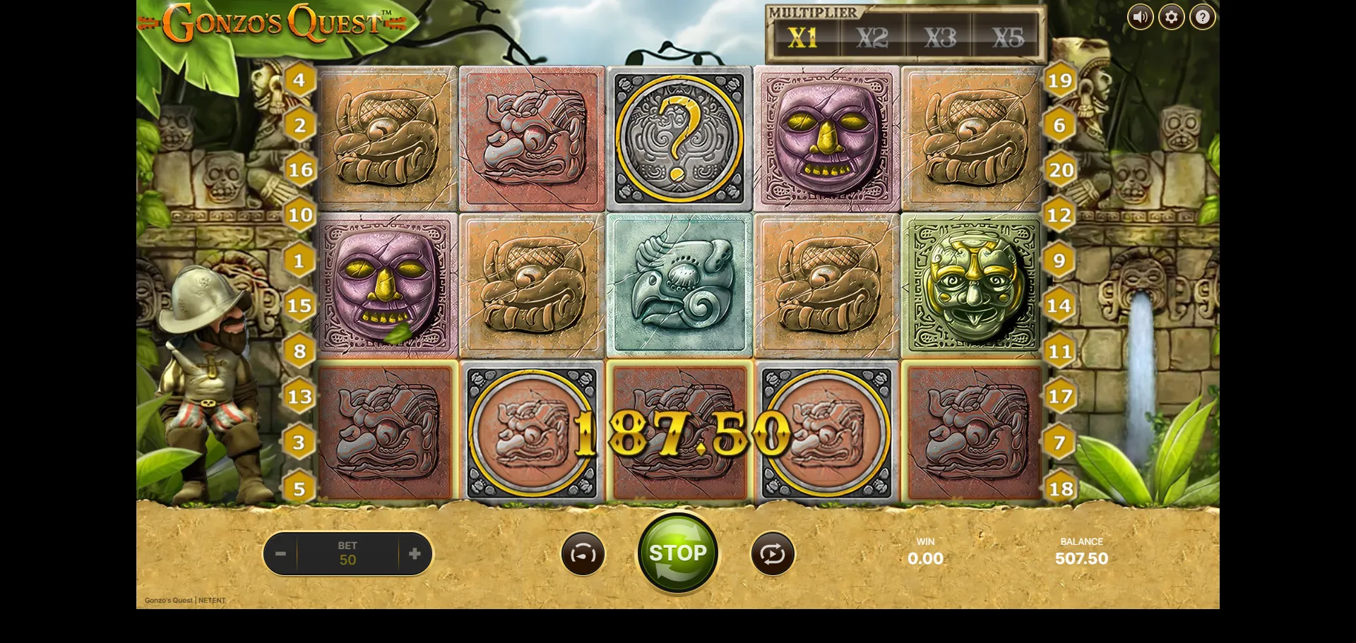 Gonzo's Quest base-game spin with Free Fall scatter symbols on the reels and a multi-line win