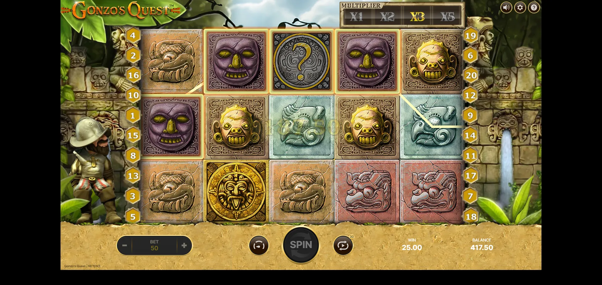 Gonzo's Quest Wild symbol on reel 3 with x3 multiplier active and win overlay visible